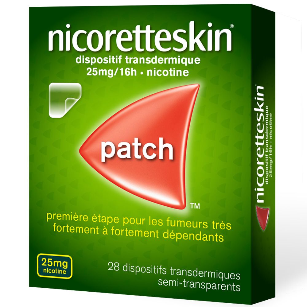 Boîte verte avec logo "nicoretteskin". Symbole patch rouge. Texte : 25mg/16h nicotine. 28 patchs transdermiques semi-transparents. Vue en perspective.