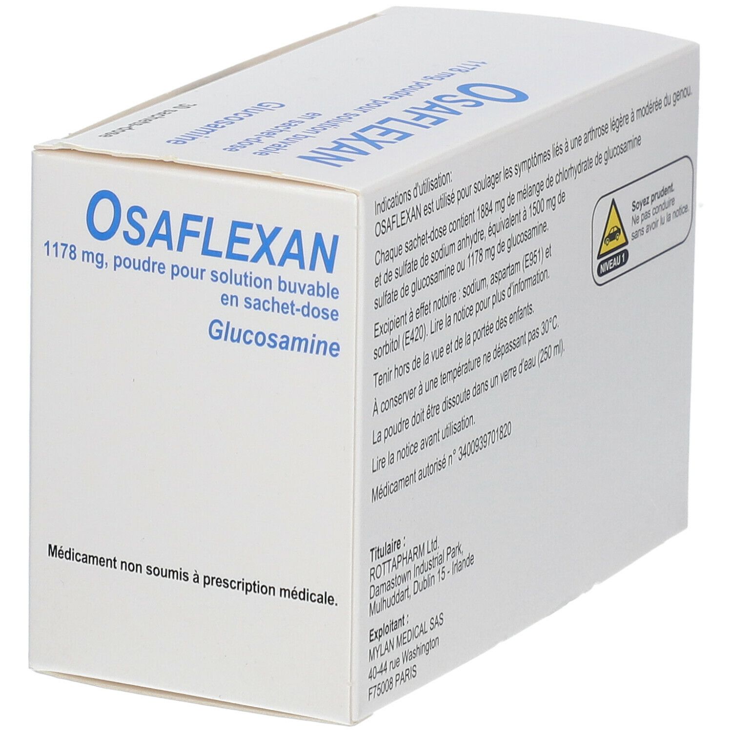 Boîte blanche avec texte. Inscription: Osaflexan, 1178 mg, Glucosamine, 30 Sachets-dose, informations fabricant.