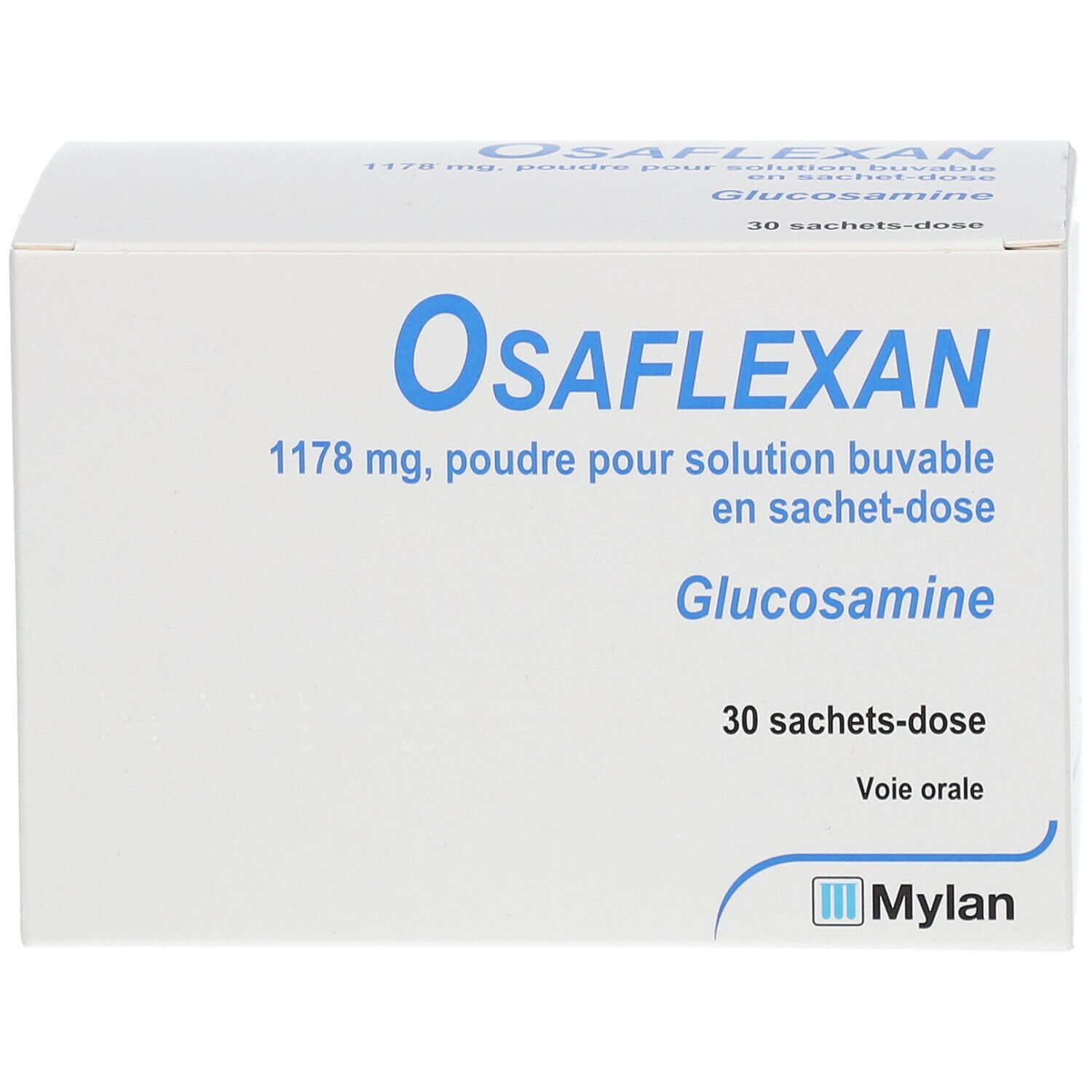 Boîte blanche avec texte bleu. Inscription: Osaflexan, 1178 mg, Glucosamine, 30 Sachets-dose, logo Mylan.
