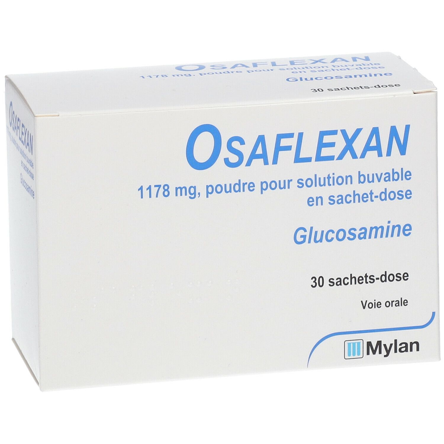 Boîte blanche avec texte bleu. Inscription: Osaflexan, 1178 mg, Glucosamine, 30 Sachets-dose, logo Mylan.