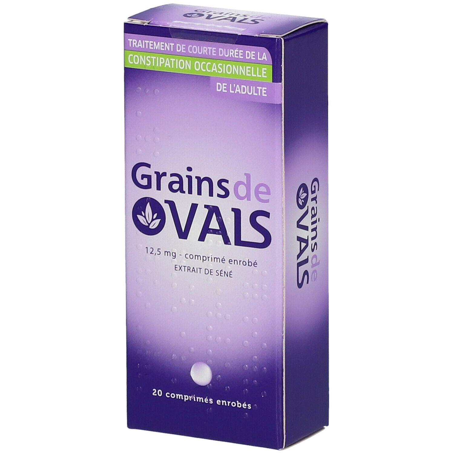 Boîte de "Grains de VALS". Design violet et blanc. Texte : "20 comprimés enrobés".
