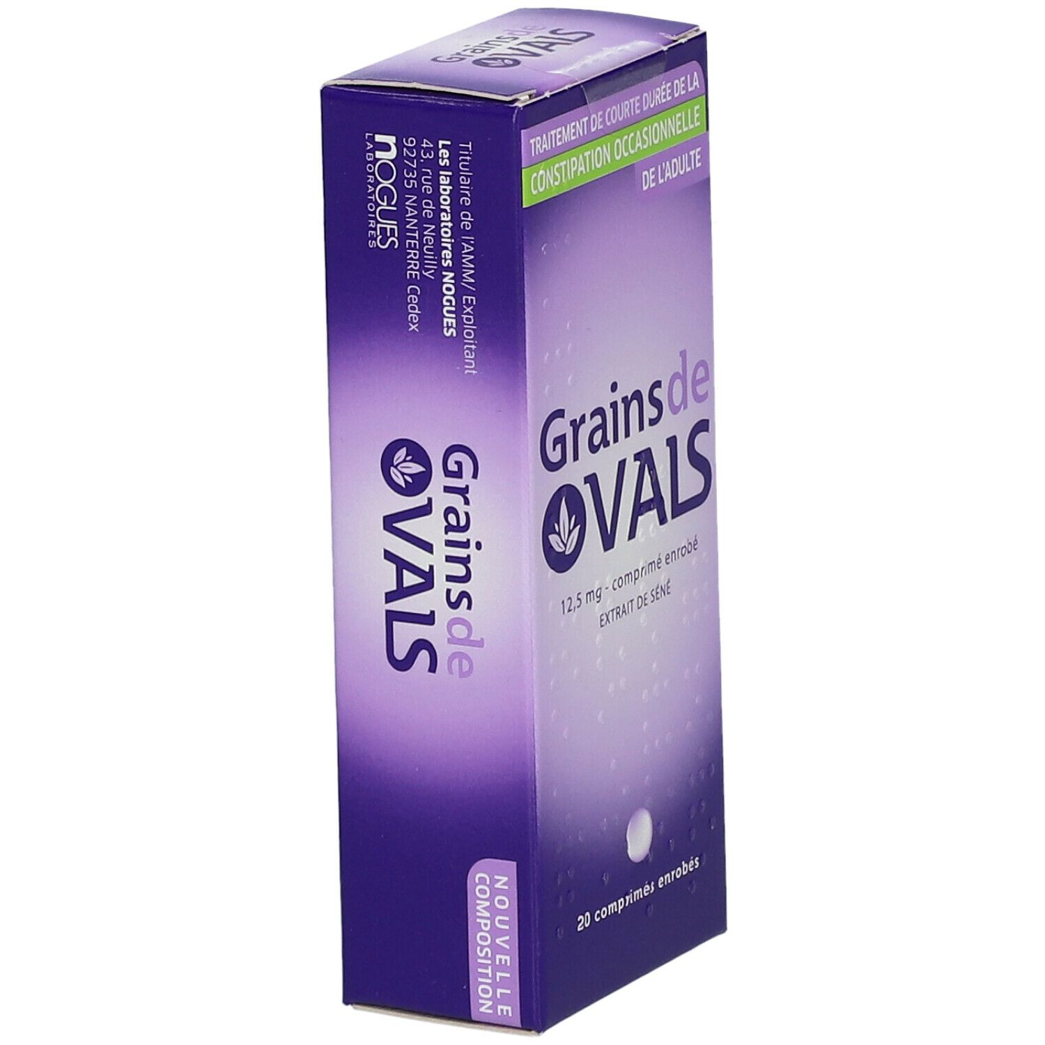 Boîte "Grains de VALS". Design violet et blanc. Texte : "20 comprimés enrobés". Logo et adresse de la société.