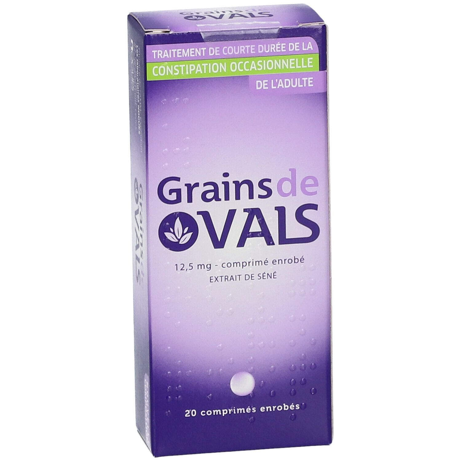 Boîte "Grains de VALS". Design violet et blanc. Texte : "20 comprimés enrobés".