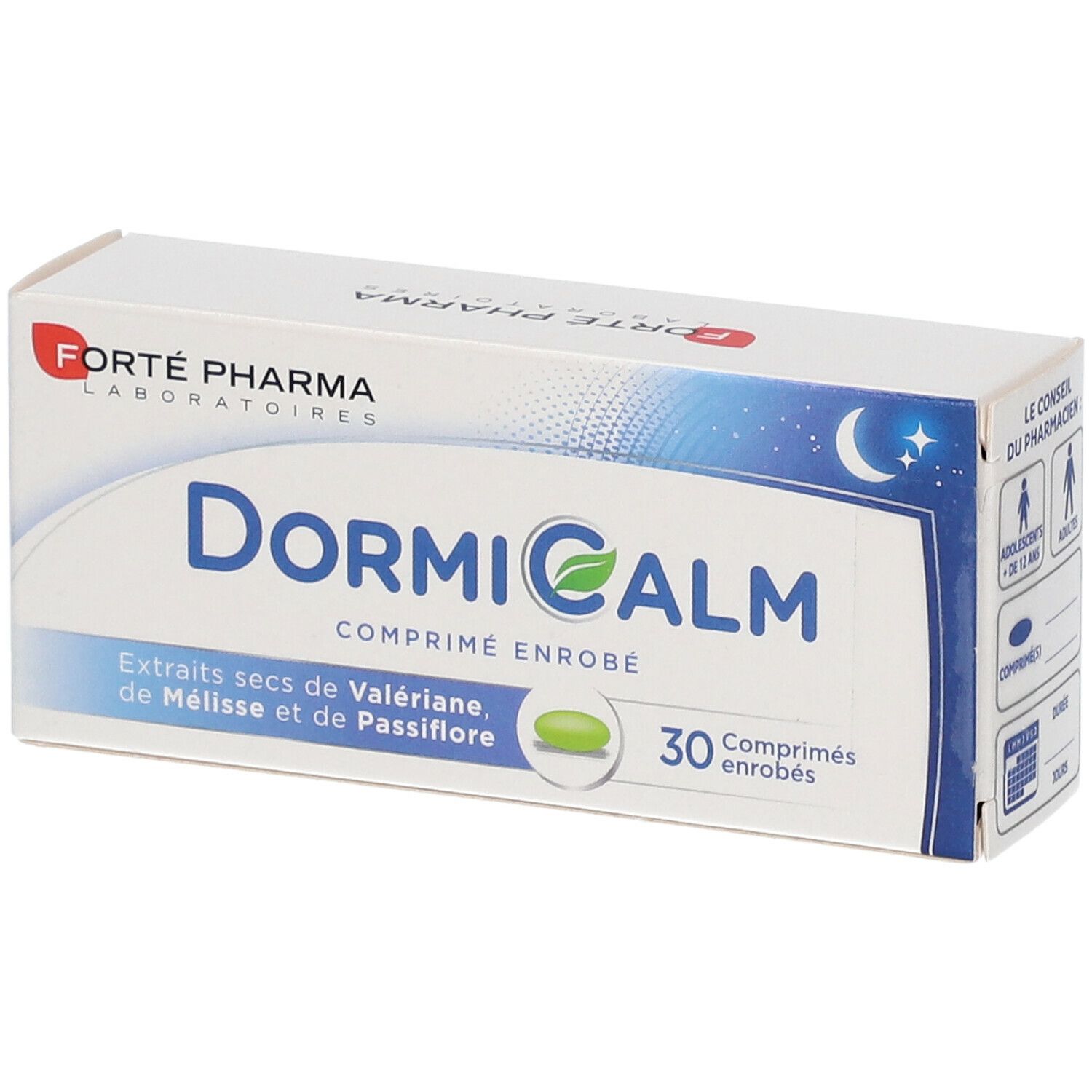 Boîte de Dormicalm, comprimés enrobés. Contient 30 comprimés. Ingrédients : extraits secs de Valériane, Mélisse et Passiflore.