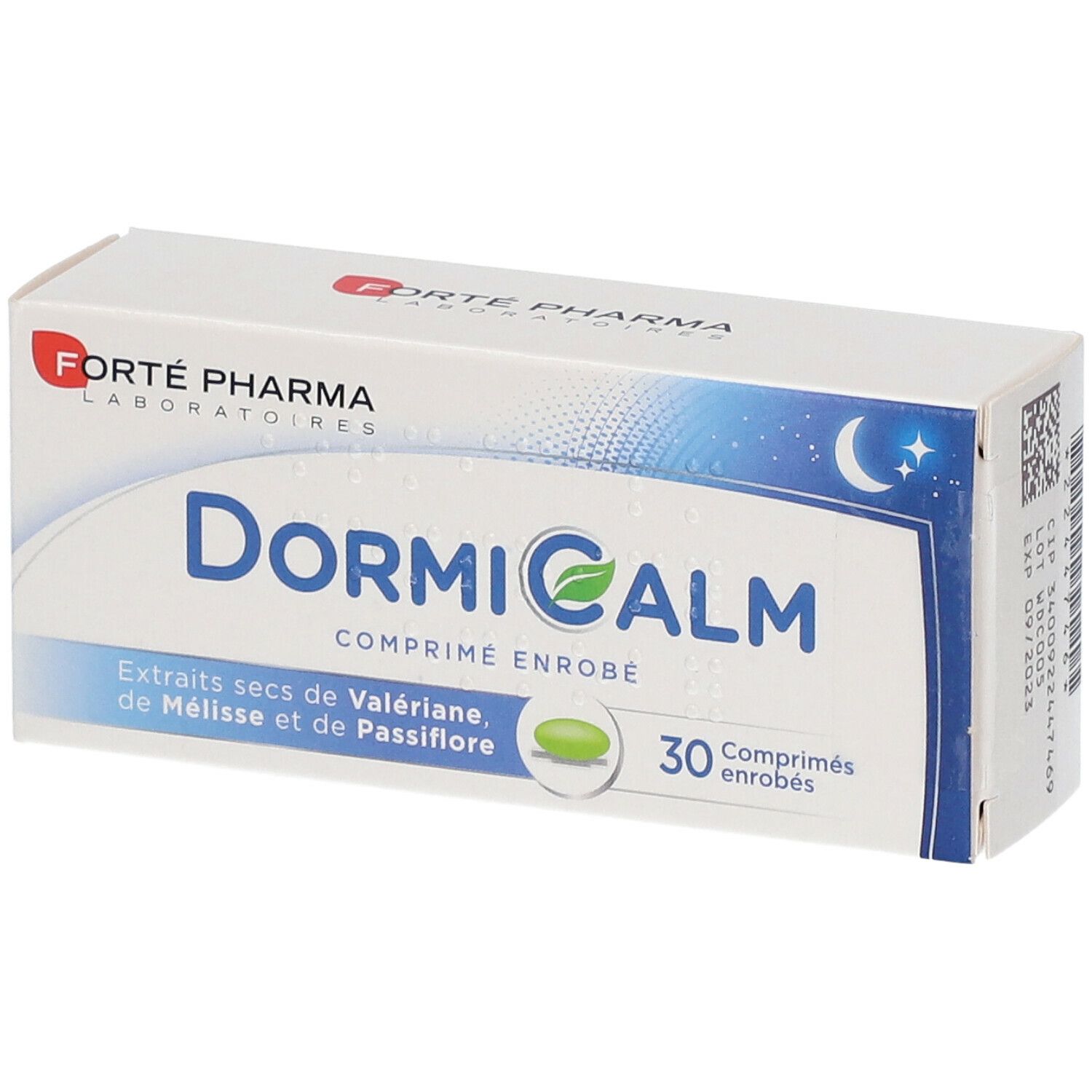 Boîte de Dormicalm en biais. Contient 30 comprimés. Ingrédients : extraits secs de Valériane, Mélisse et Passiflore.