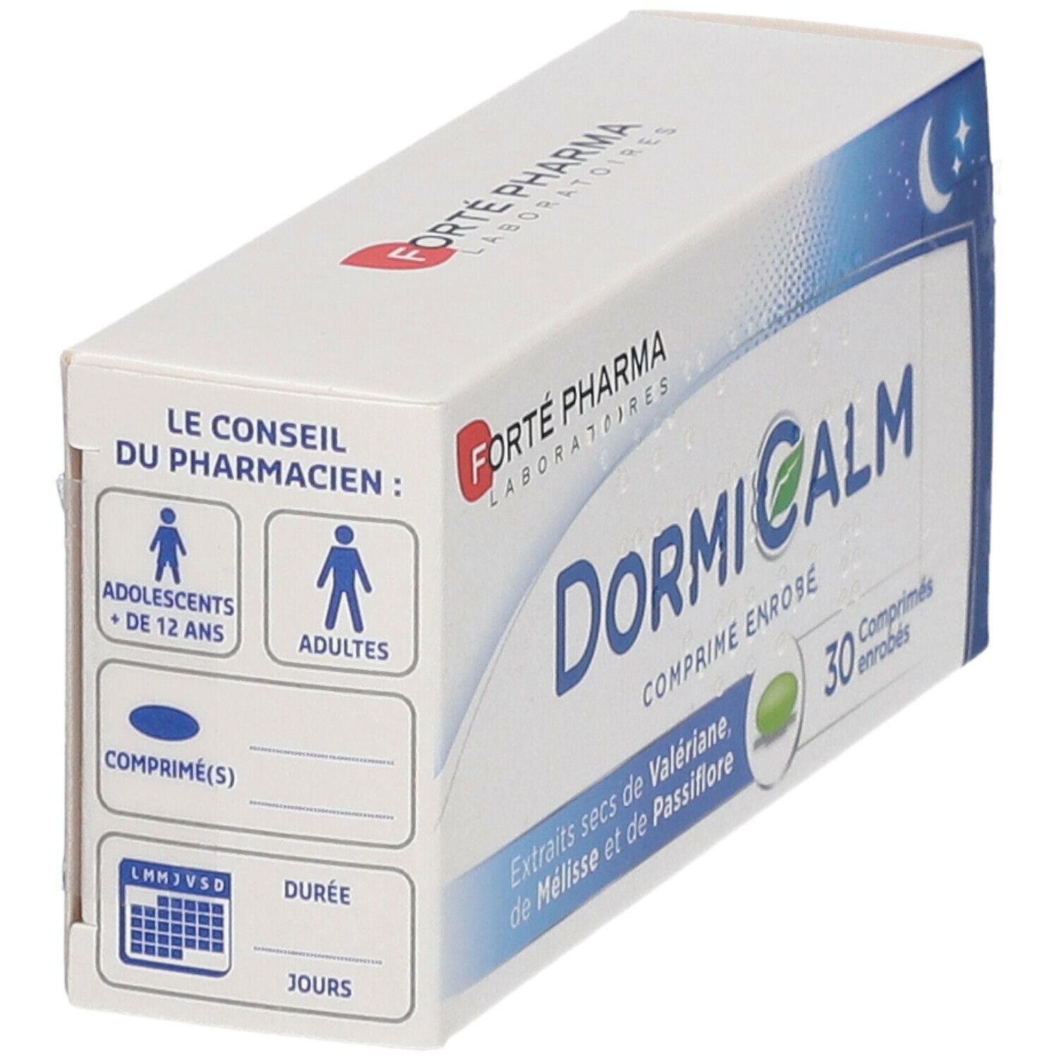 Boîte de Dormicalm avec informations. Contient 30 comprimés. Ingrédients : extraits secs de Valériane, Mélisse et Passiflore.