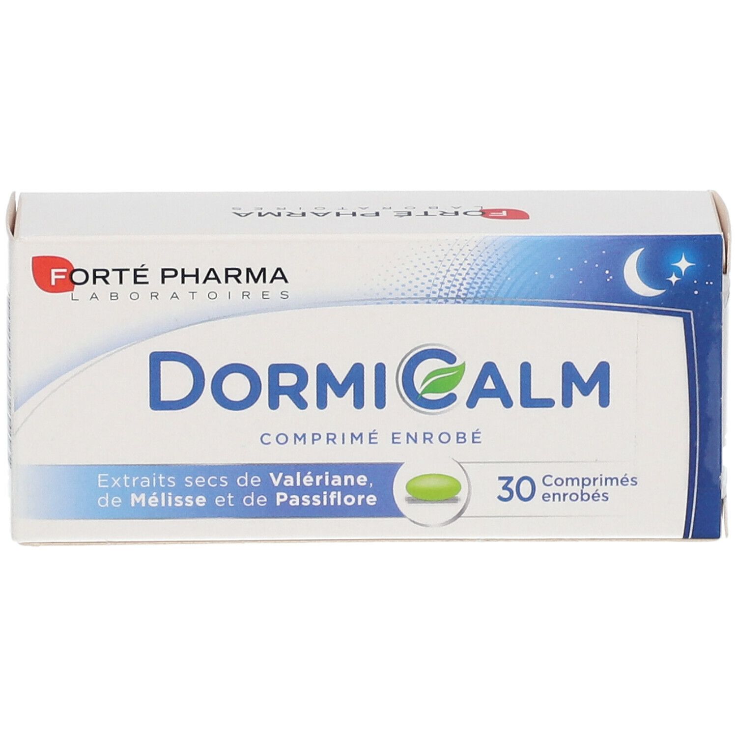 Boîte de Dormicalm. Contient 30 comprimés. Ingrédients : extraits secs de Valériane, Mélisse et Passiflore.