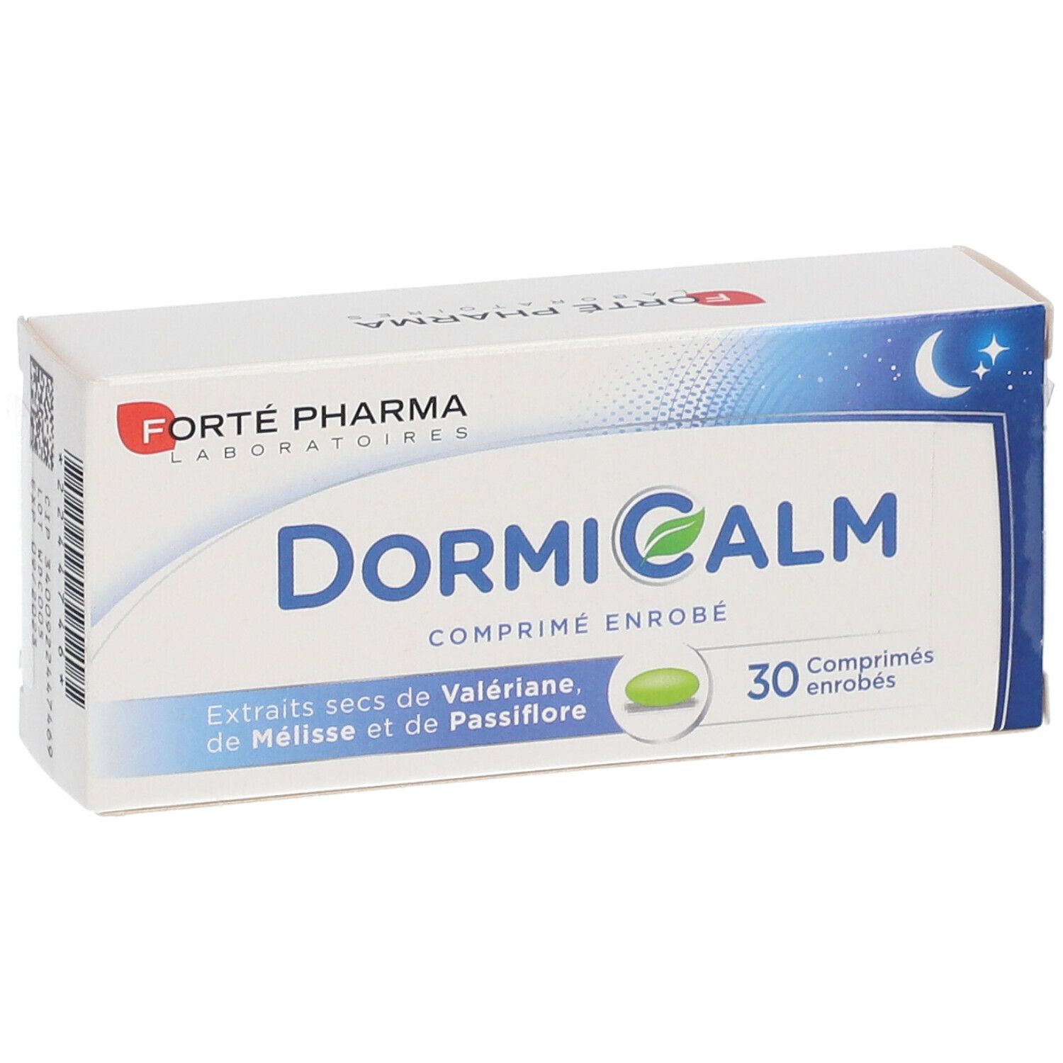 Boîte de Dormicalm. Contient 30 comprimés. Ingrédients : extraits secs de Valériane, Mélisse et Passiflore.