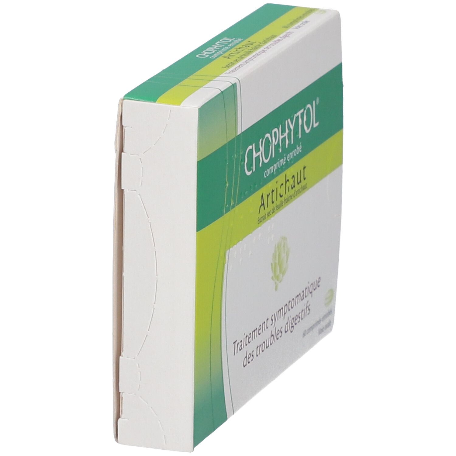 Boîte Chophytol Artichaut, vue latérale. Emballage vert et blanc avec nom du produit et texte.