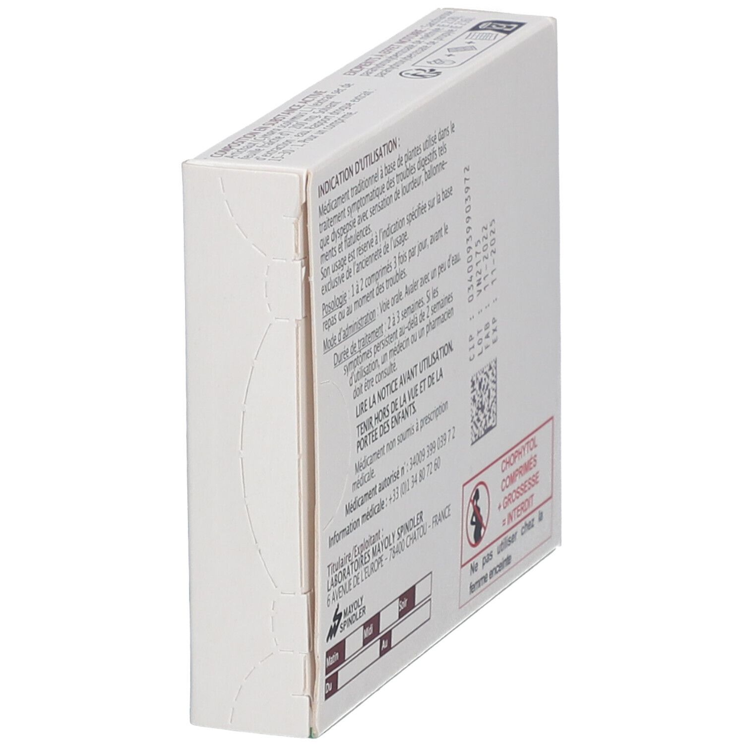 Vue latérale de la boîte Chophytol Artichaut. Texte et informations sur le lot.