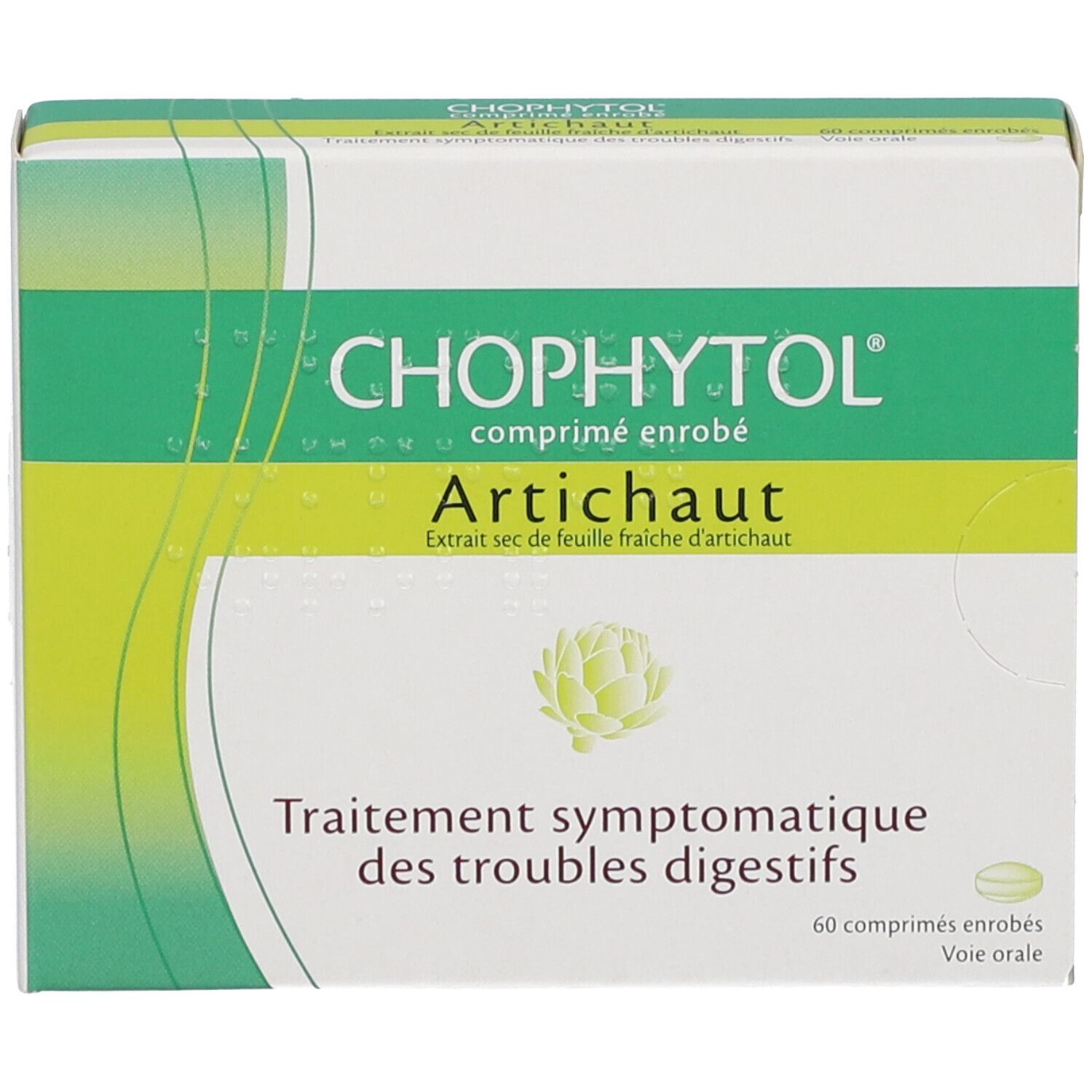 Boîte Chophytol Artichaut, vue de face. Emballage vert et blanc avec nom du produit et illustration d'artichaut.