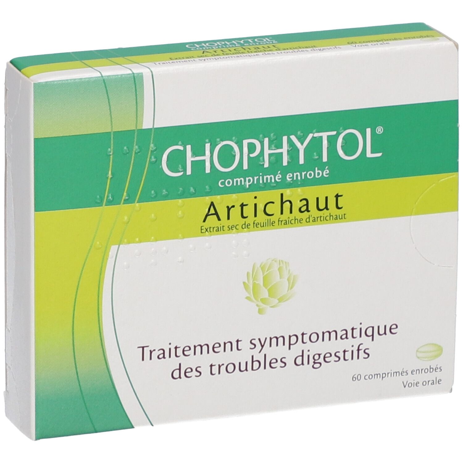 Boîte Chophytol Artichaut, légèrement en biais. Emballage vert et blanc avec nom du produit et illustration d'artichaut.