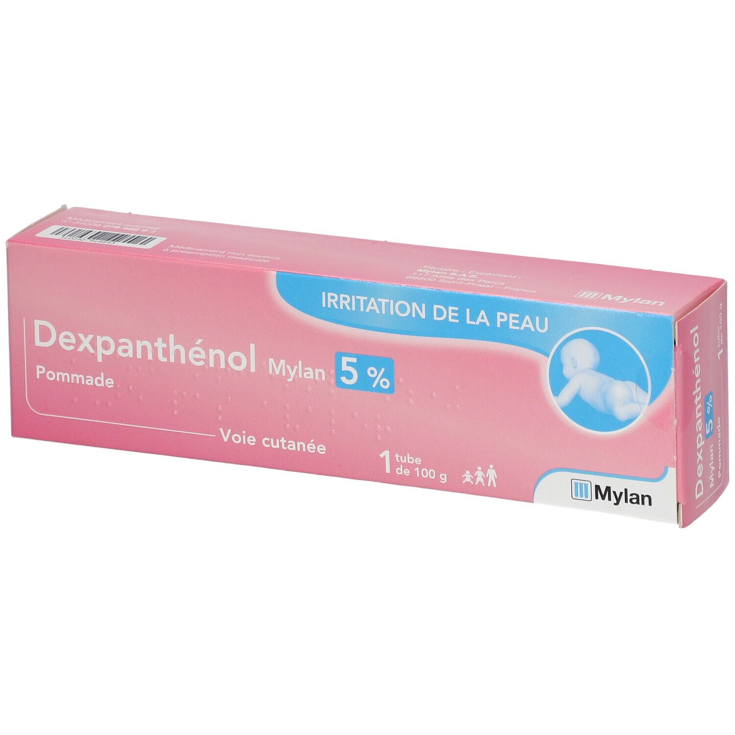 Boîte rose avec Dexpanthénol Mylan 5 %. Contient un tube. Inscription : Irritation de la peau.