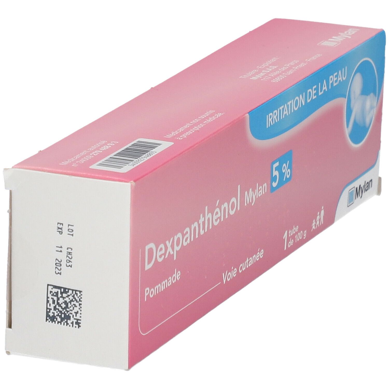 Boîte rose avec Dexpanthénol Mylan 5 %. Contient un tube. Inscription : Irritation de la peau. Avec code-barres.