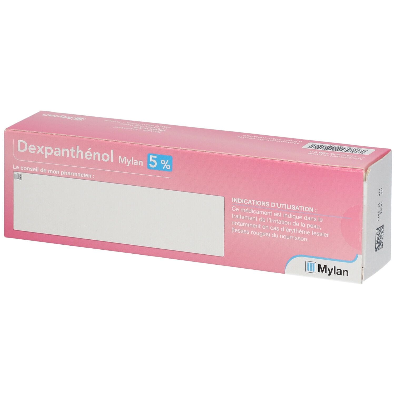 Boîte rose avec Dexpanthénol Mylan 5 %. Contient un tube. Inscription : Irritation de la peau. Avec zone de texte.