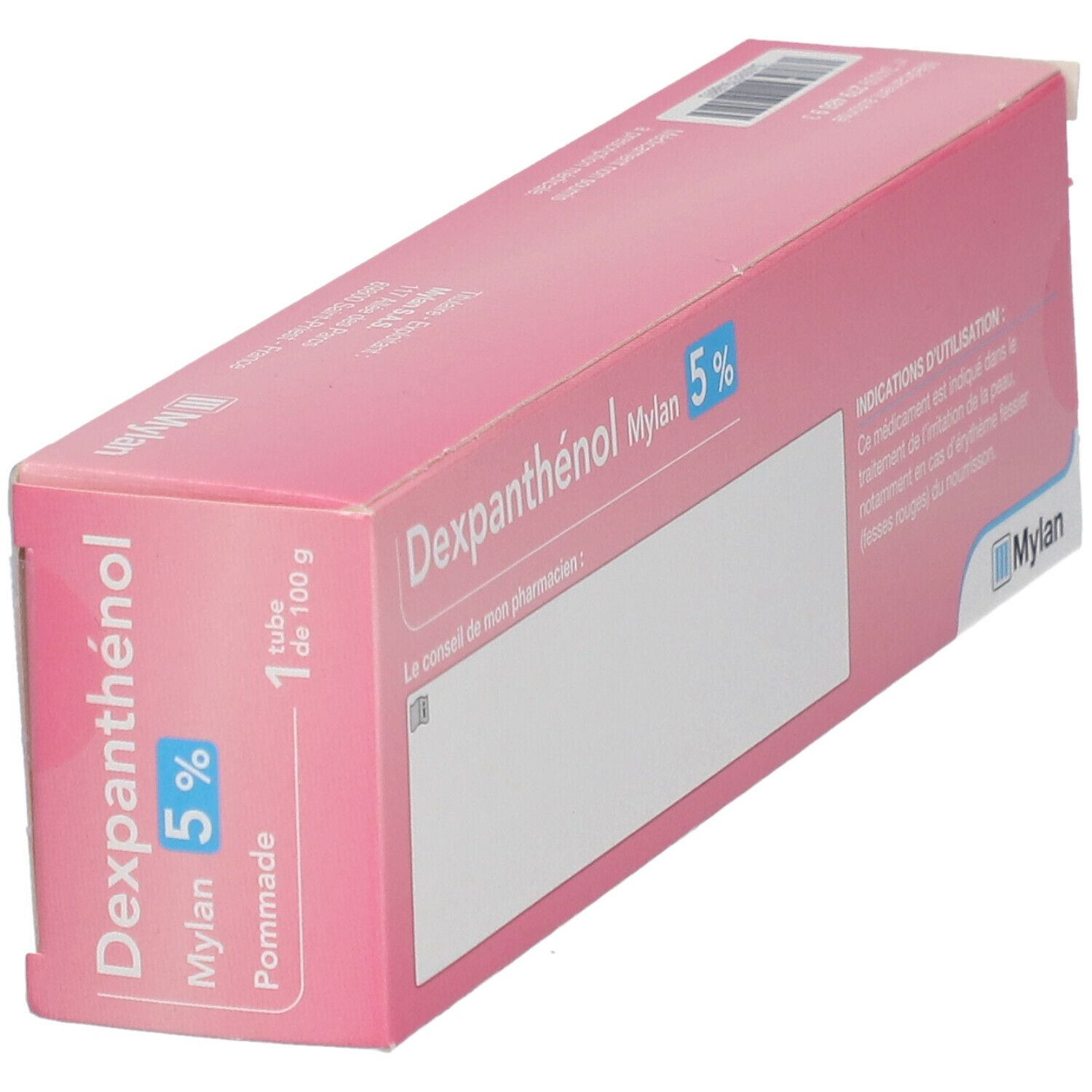 Boîte rose avec Dexpanthénol Mylan 5 %. Contient un tube. Inscription : Irritation de la peau. Avec zone de texte.