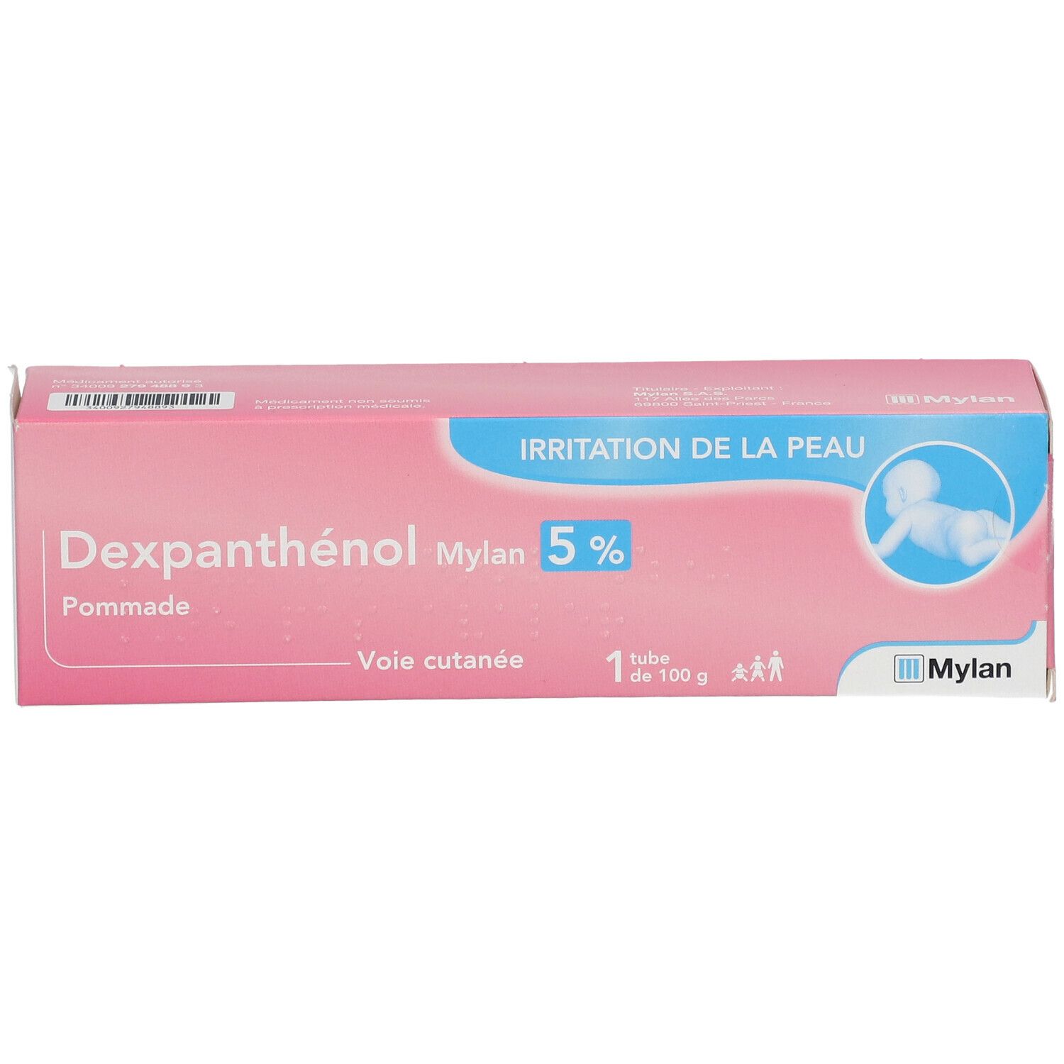 Boîte rose avec Dexpanthénol Mylan 5 %. Contient un tube. Inscription : Irritation de la peau. Avec symbole bébé.