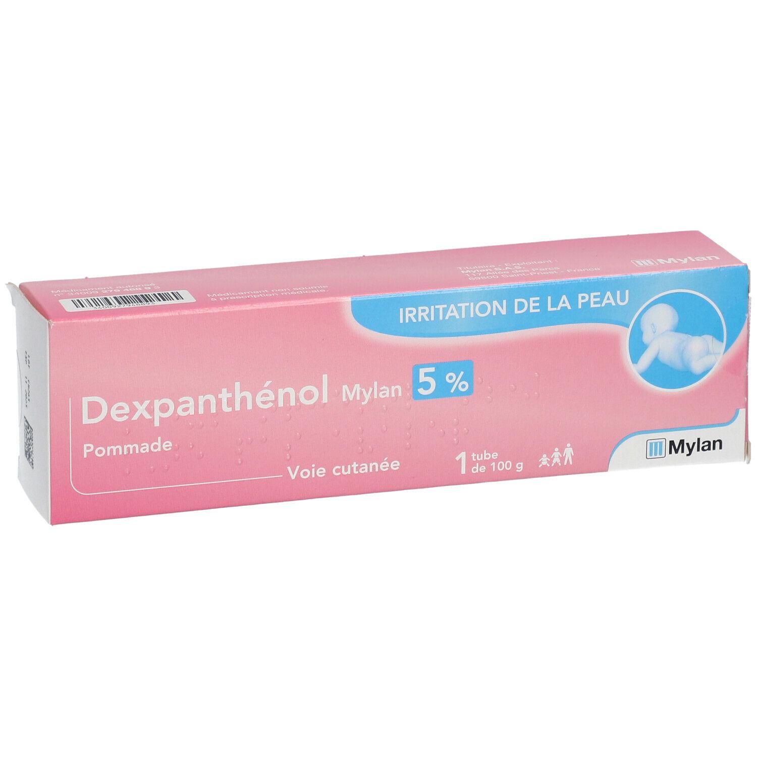 Boîte rose avec Dexpanthénol Mylan 5 %. Contient un tube. Inscription : Irritation de la peau. Avec symbole bébé.