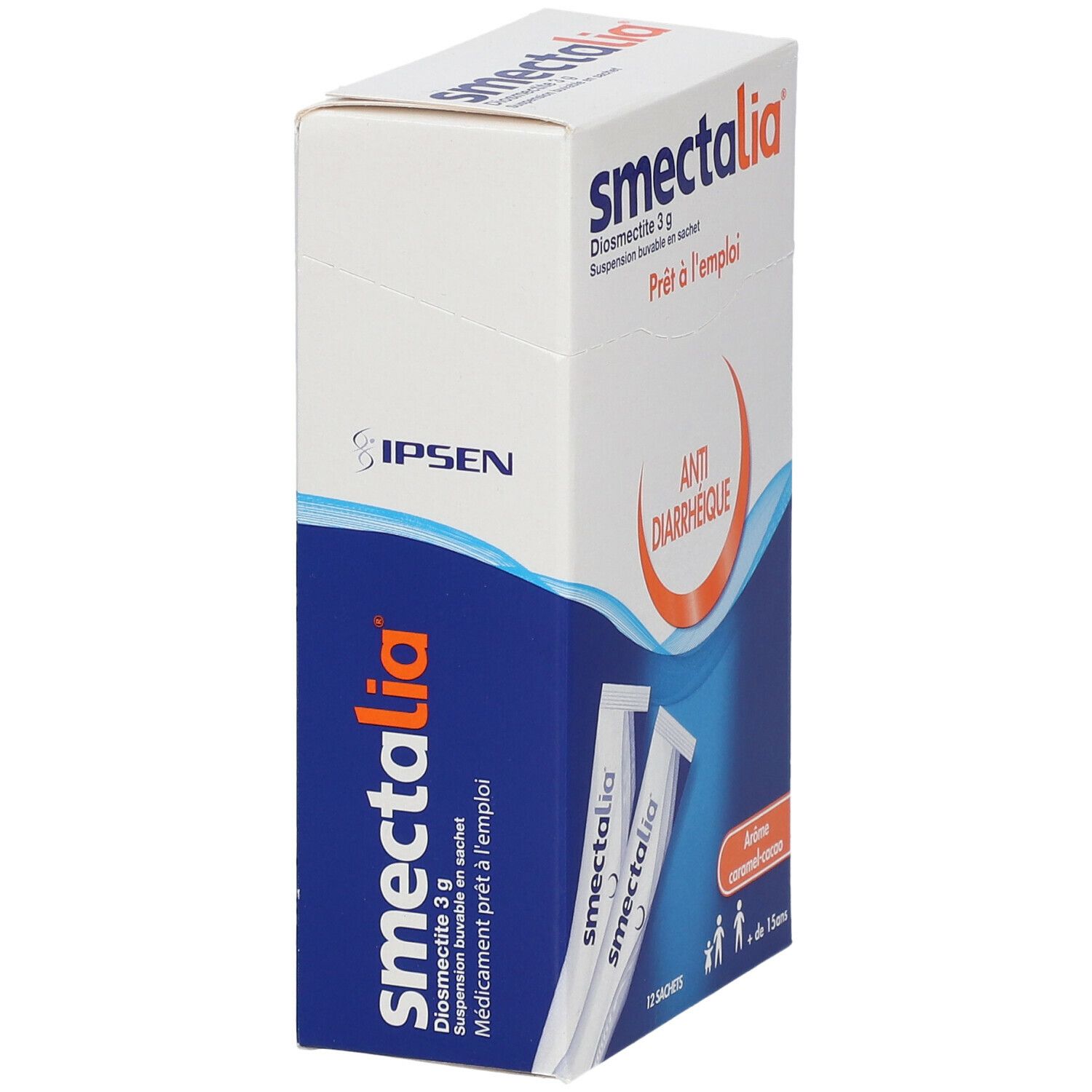 Boîte de Smectalia. Inscription: Anti-Diarrhéique. Deux sachets visibles.
