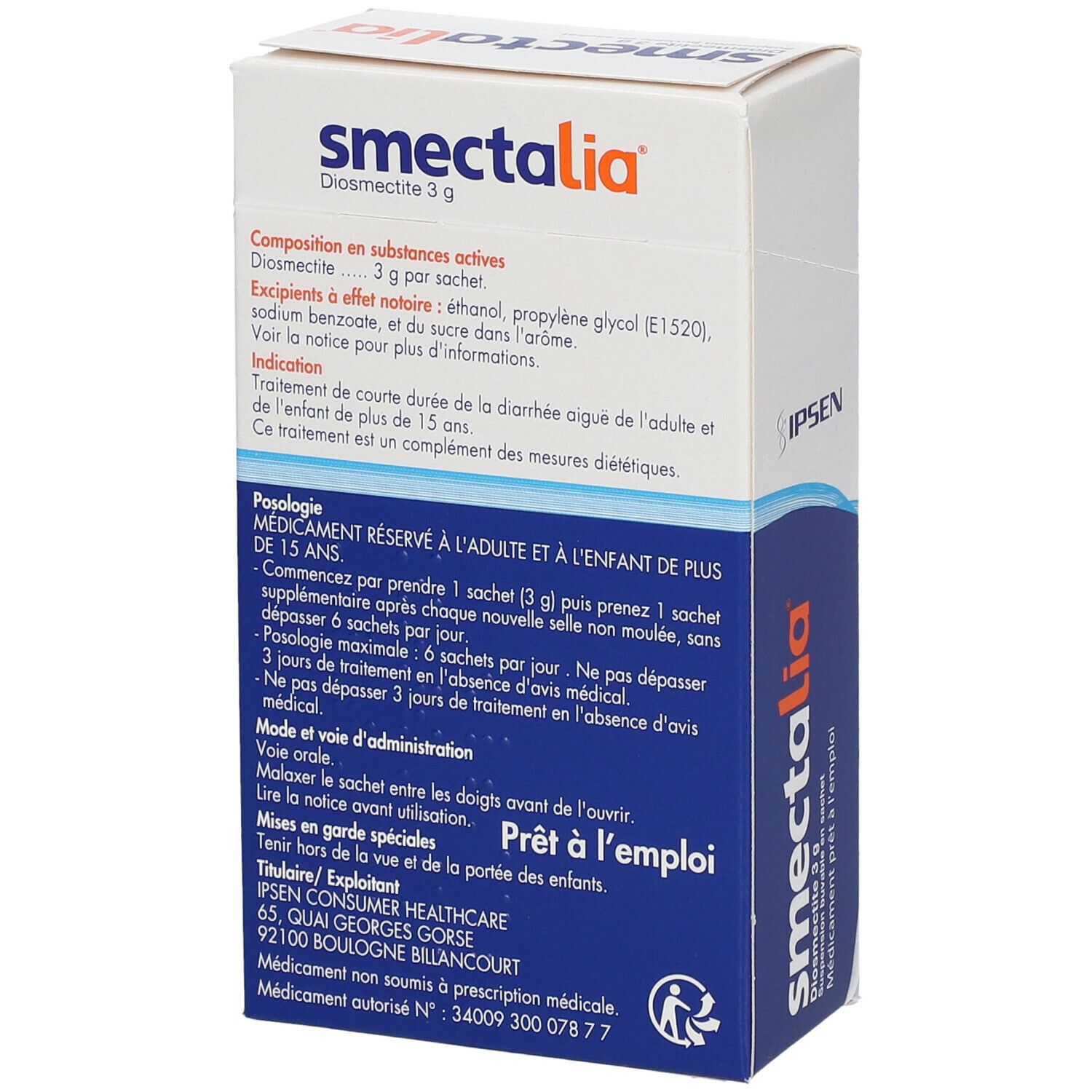 Dos de la boîte de Smectalia. Informations sur les ingrédients, la posologie et les avertissements.