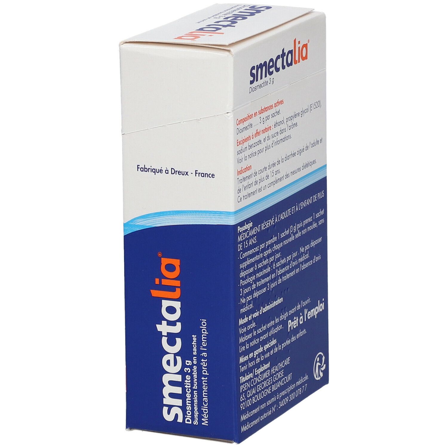 Vue latérale de la boîte Smectalia. Inscription: Smectalia, 3 g, Medicament prêt à l'emploi.