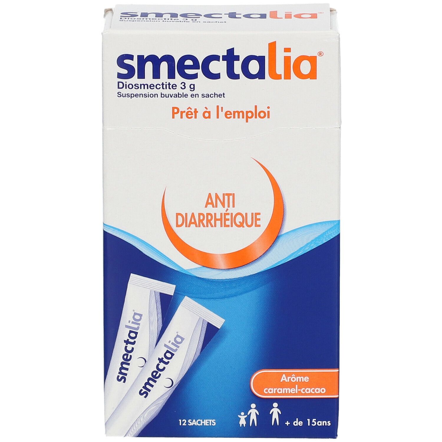 Boîte de Smectalia. Inscription: Anti-Diarrhéique, 12 sachets, goût caramel-cacao.