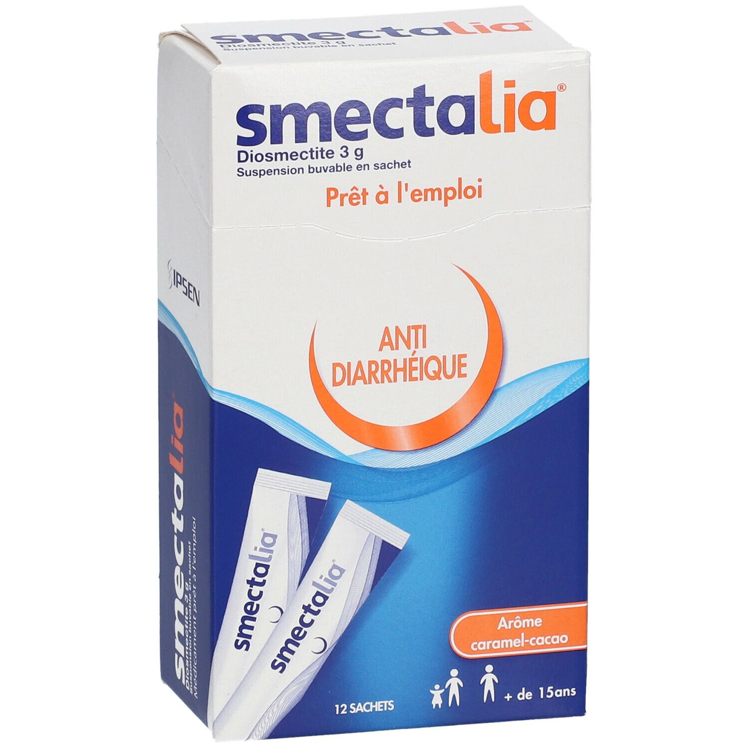 Boîte de Smectalia. Inscription: Anti-Diarrhéique, 12 sachets, goût caramel-cacao.