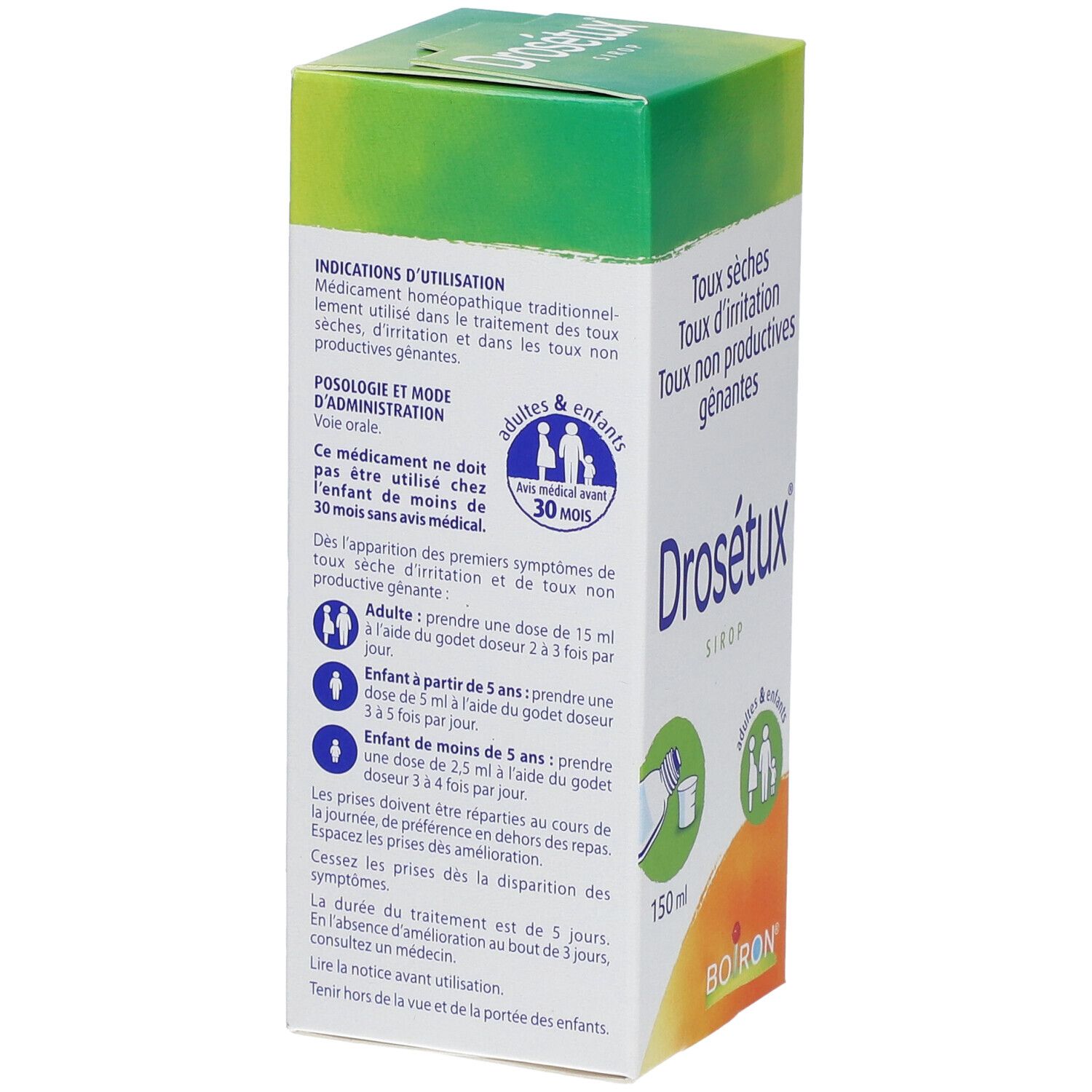 Boîte de Drosétux® Sirop. Dos avec instructions de dosage. Pour adultes et enfants. 150 ml.