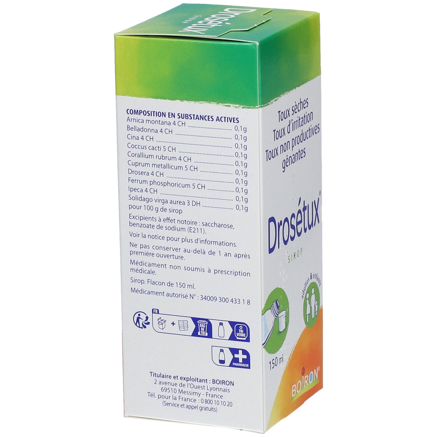 Boîte de Drosétux® Sirop. Contient des ingrédients actifs. 150 ml. Logo Boiron. Produit médical.