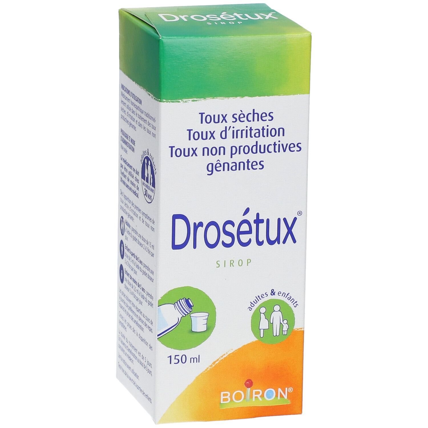 Boîte de Drosétux® Sirop. Vert et blanc. Contient 150 ml. Logo Boiron. Pour adultes et enfants.