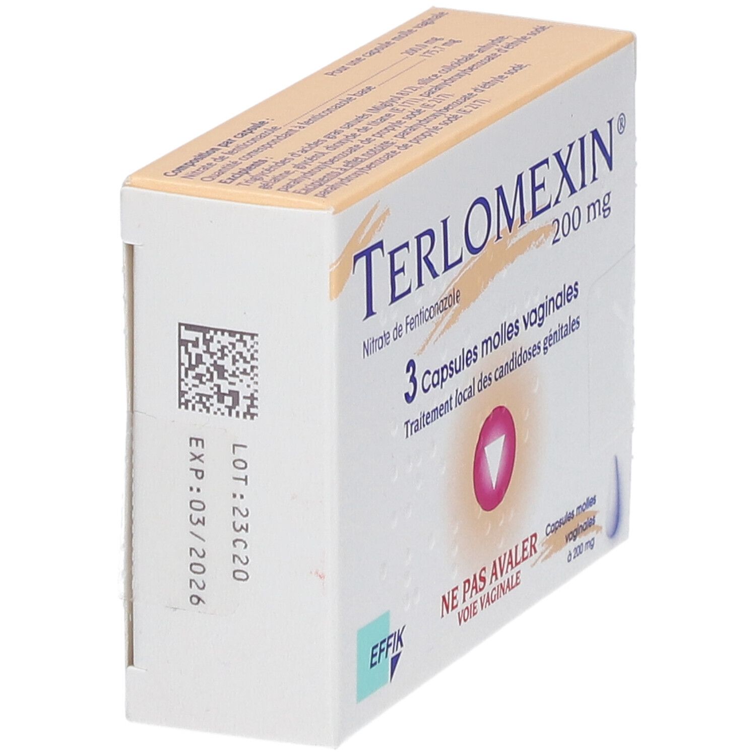 Vue en biais de la boîte de Terlomexin® 200. Contient 3 capsules vaginales. Avec code QR et date d'expiration.