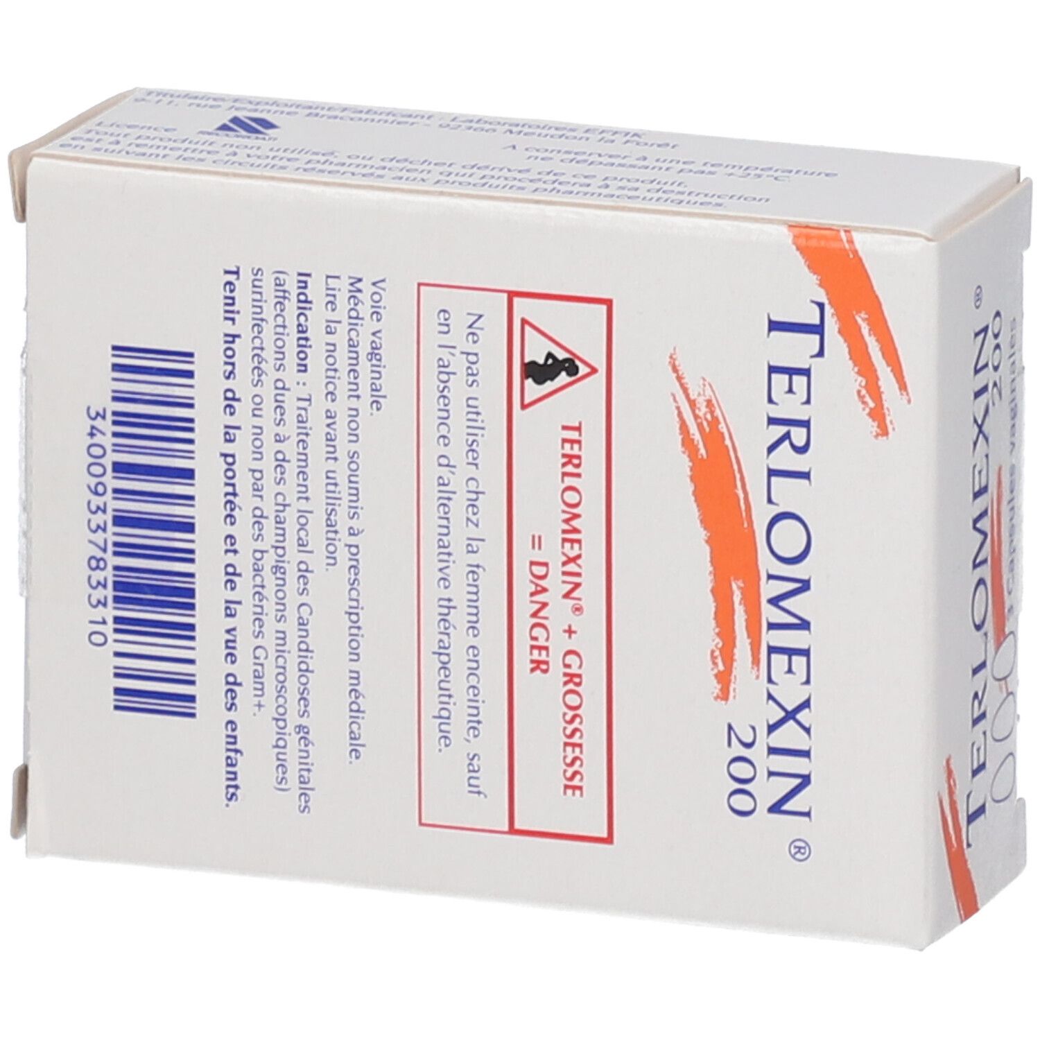 Dos de la boîte de Terlomexin® 200. Contient des avertissements. Inscription : "TERLOMEXIN + GROSSESSE = DANGER".