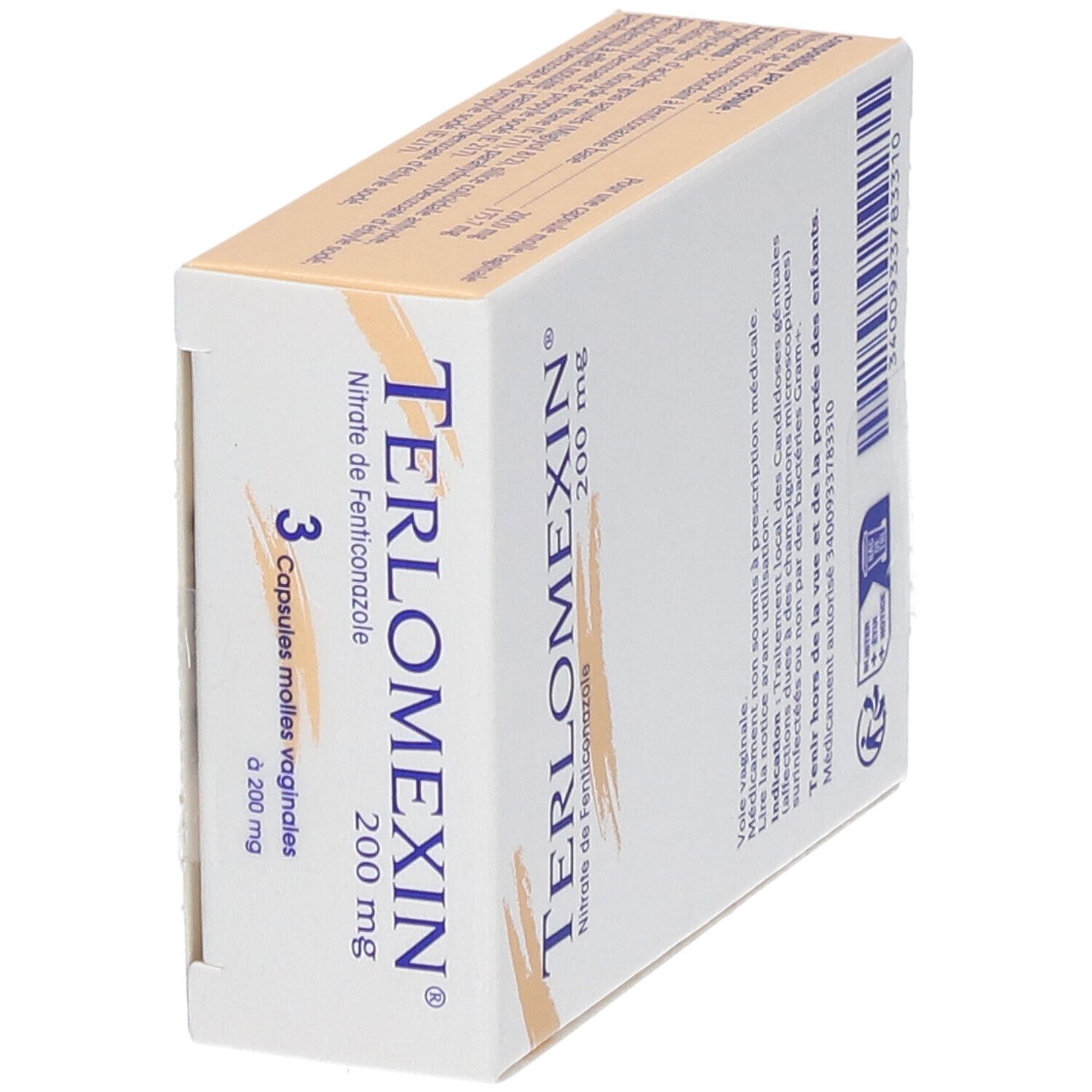 Vue en biais de la boîte de Terlomexin® 200. Contient 3 capsules vaginales. Avec informations sur le produit.
