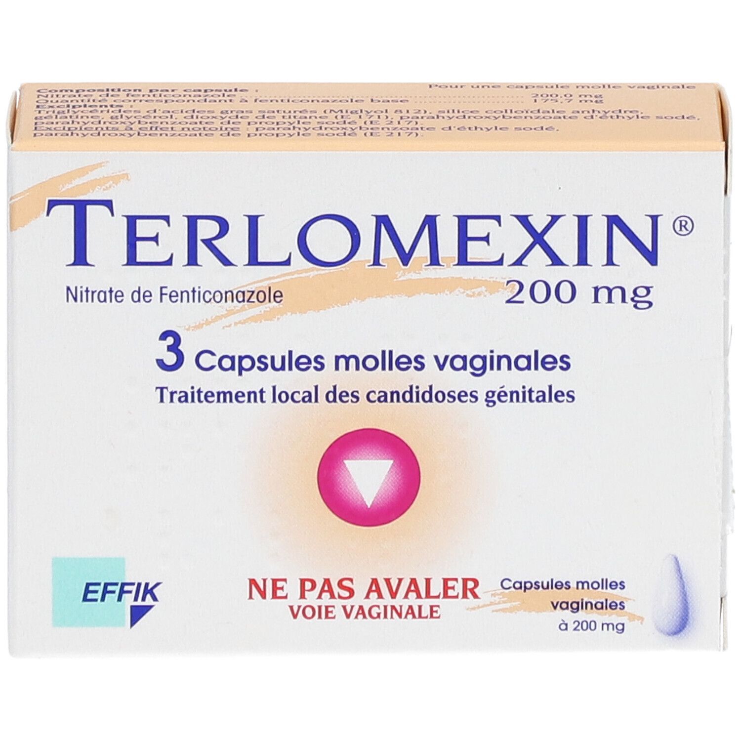 Boîte de Terlomexin® 200. Contient 3 capsules vaginales. Inscription : "NE PAS AVALER VOIE VAGINALE".