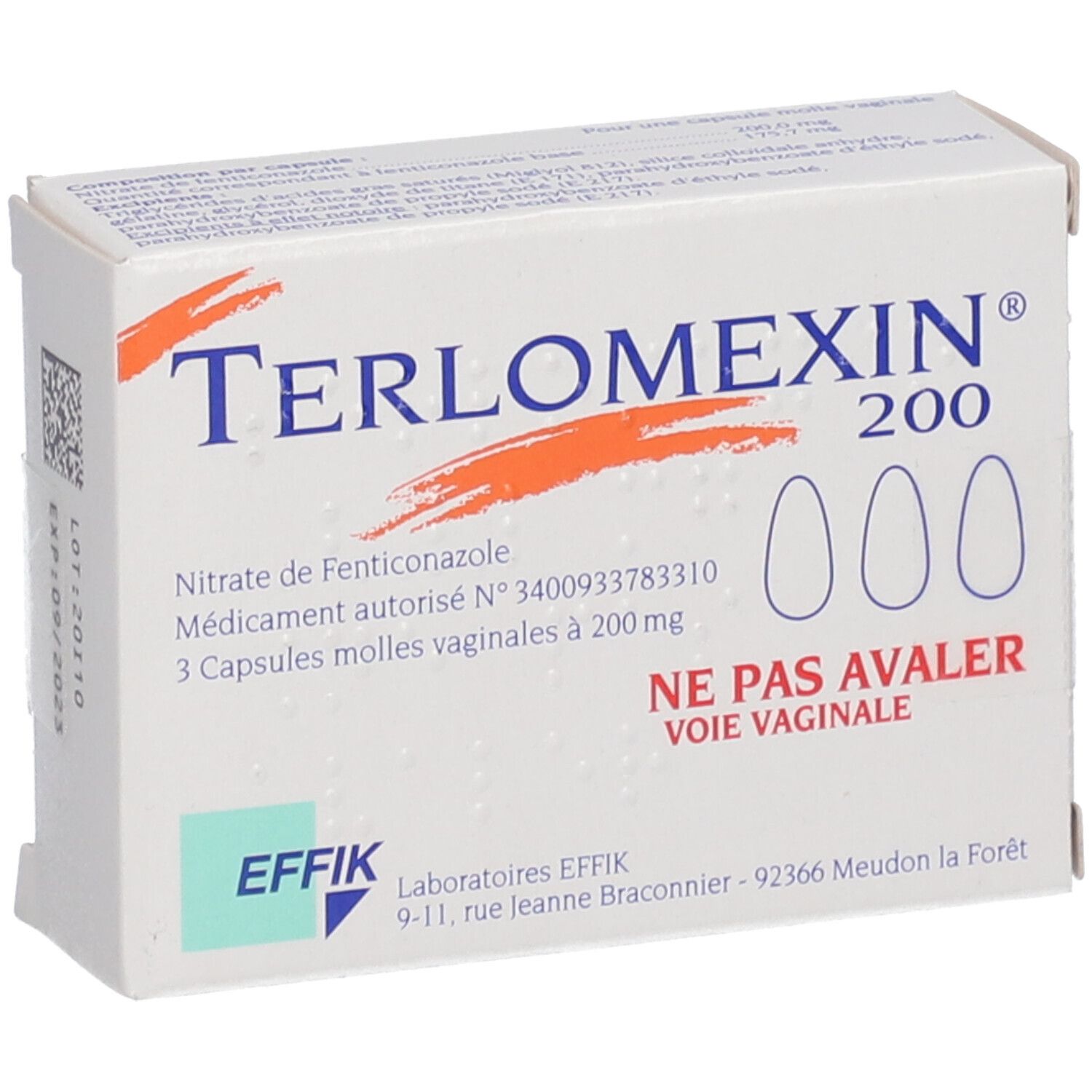 Boîte de Terlomexin® 200. Contient 3 capsules vaginales. Inscription : "NE PAS AVALER VOIE VAGINALE".