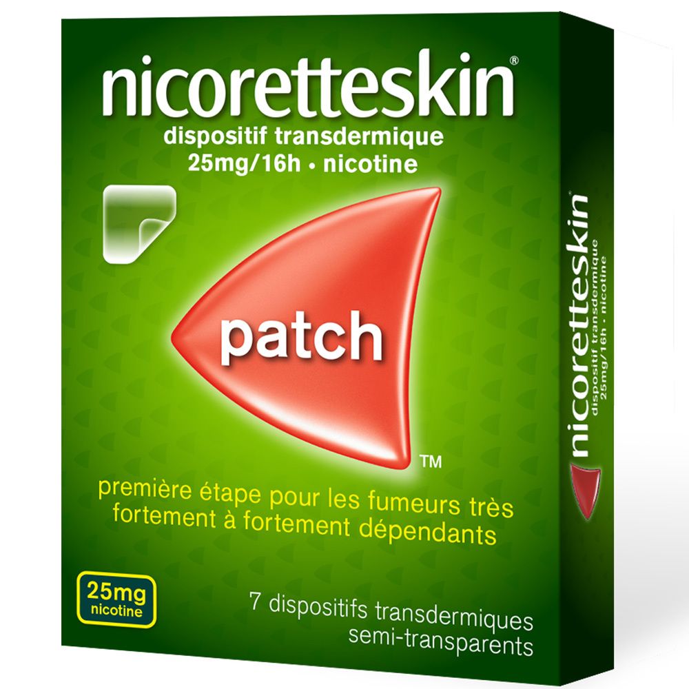 Boîte verte avec logo "nicoretteskin" et "patch" rouge. Contient 7 patchs, 25mg nicotine.