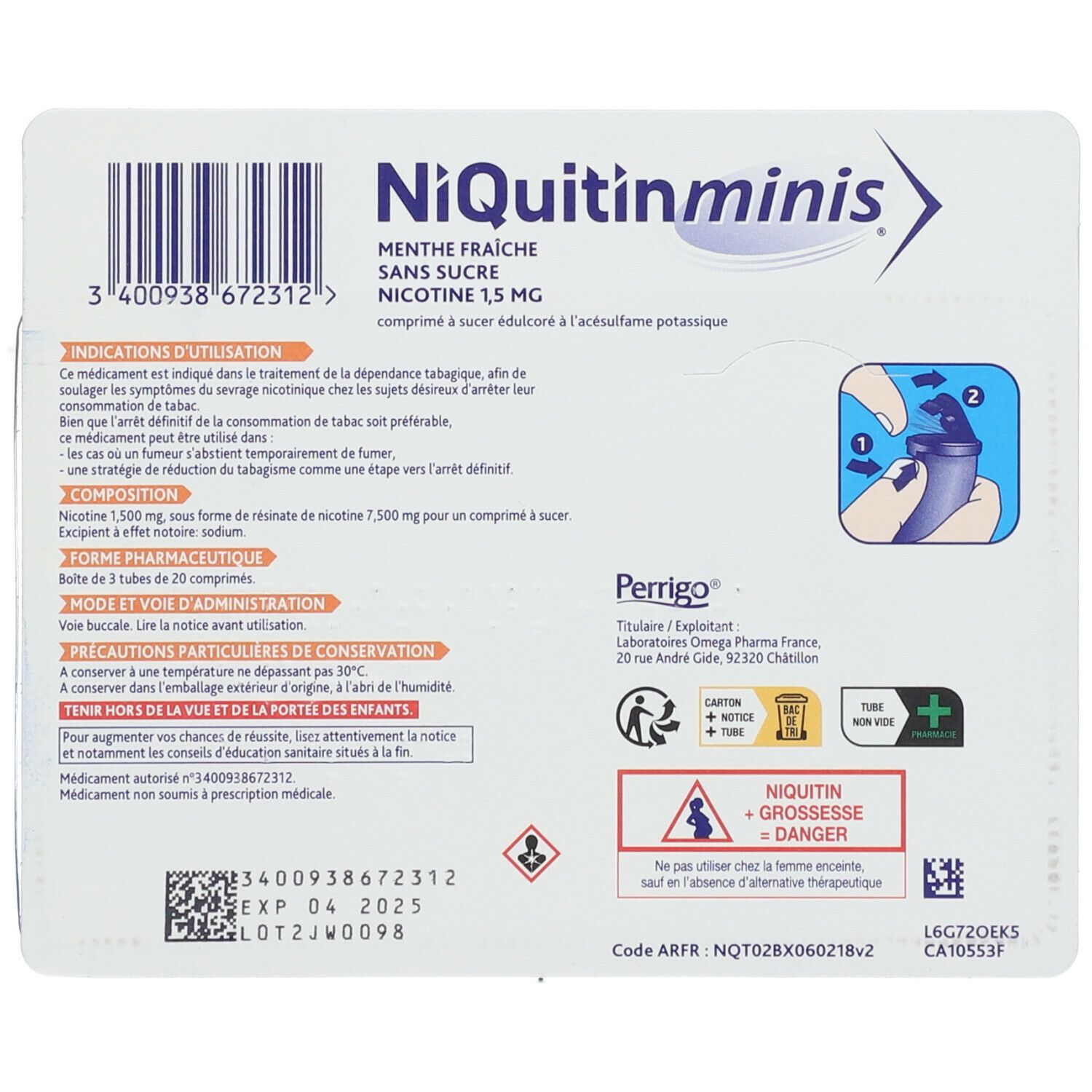 Dos de l'emballage NiQuitinMinis Menthe Fraîche sans sucre 1,5 mg nicotine. Texte et pictogrammes. Informations.