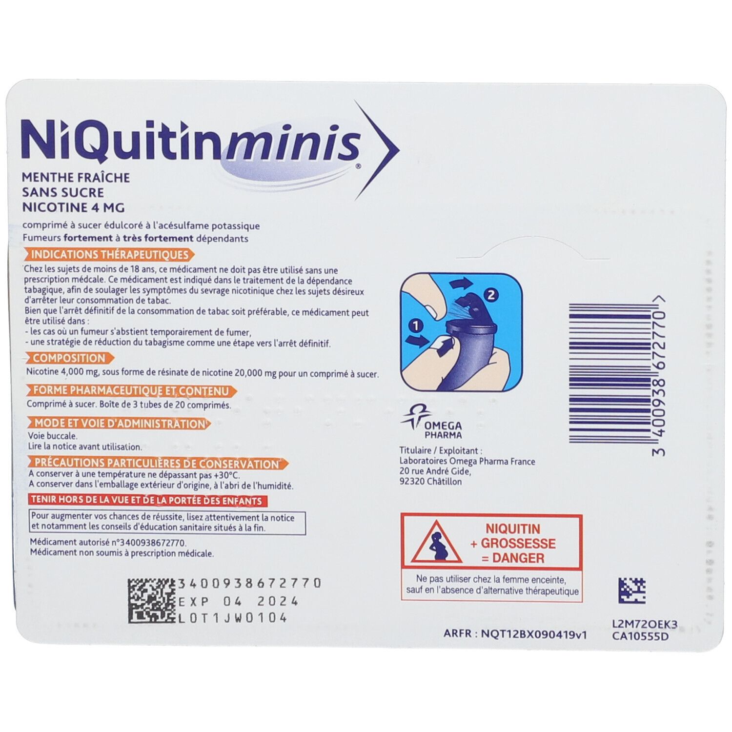 Boîte de NiQuitinMinis® Menthe Fraîche 4 mg. Contient 3 tubes de 20 comprimés à sucer. Texte : Nicotine 4 mg, sans sucre.
