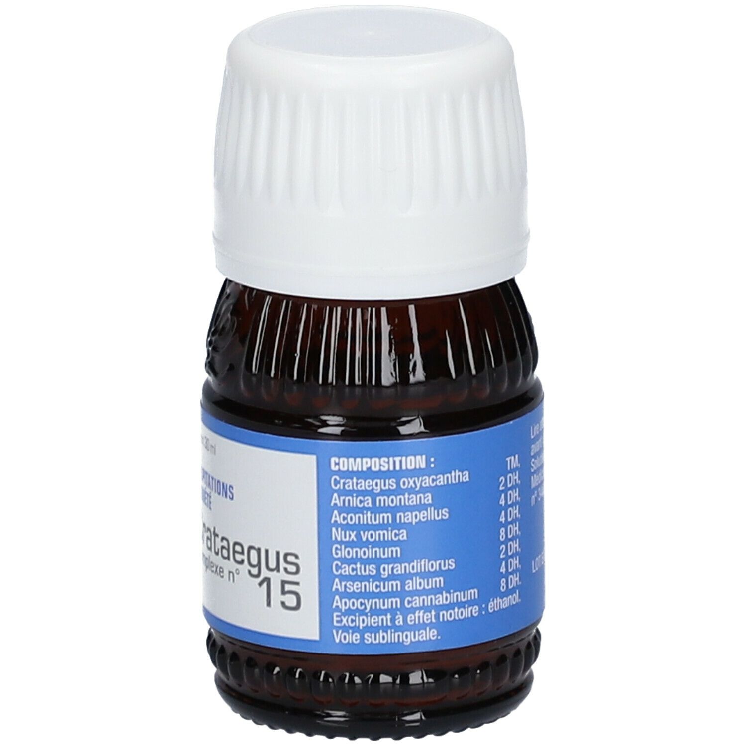 Flacon en verre brun avec bouchon blanc. Étiquette bleue avec ingrédients et dosage.