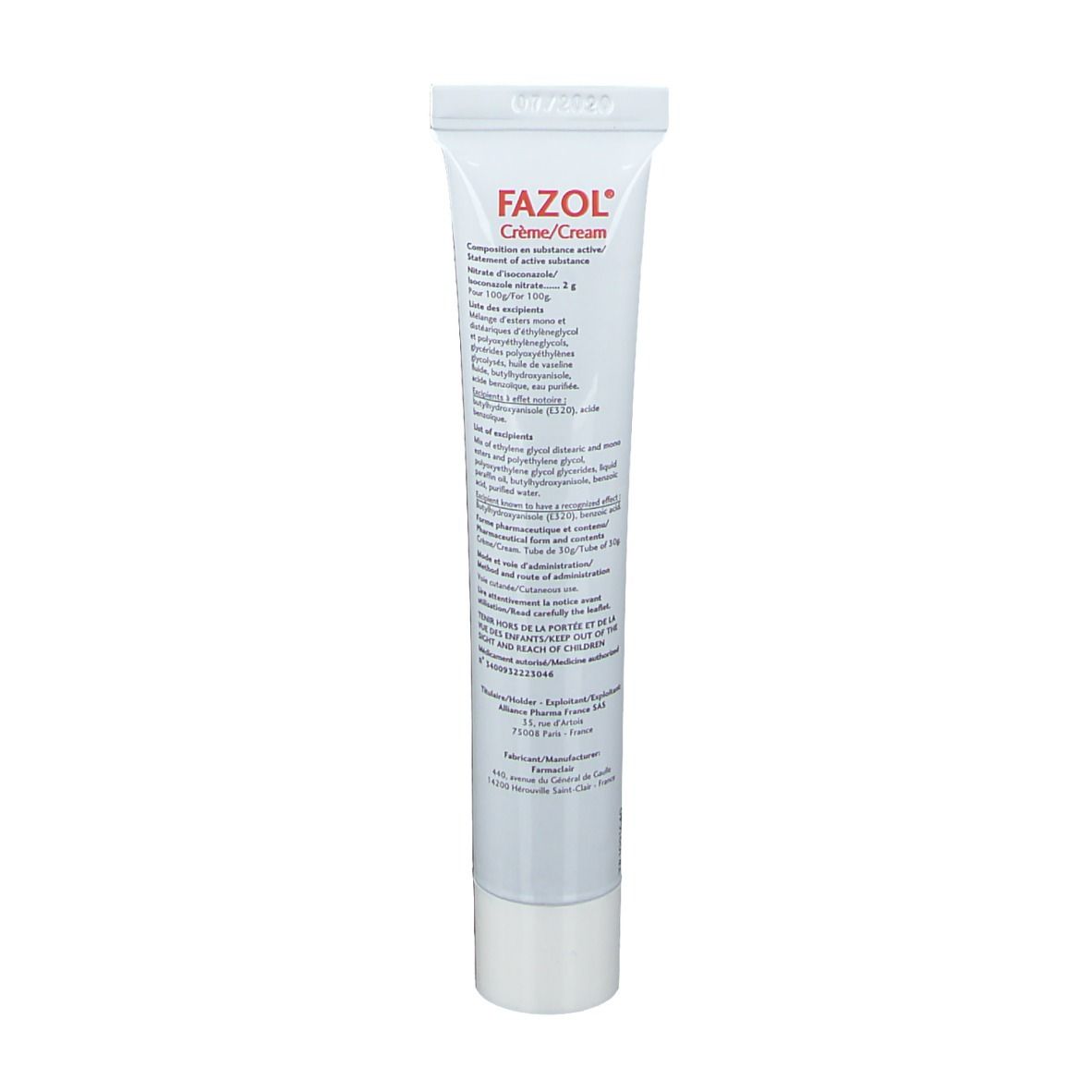 Dos de tube blanc. Texte : Composition, substances actives, ingrédients, dosage, fabricant. Marque : Alliance.