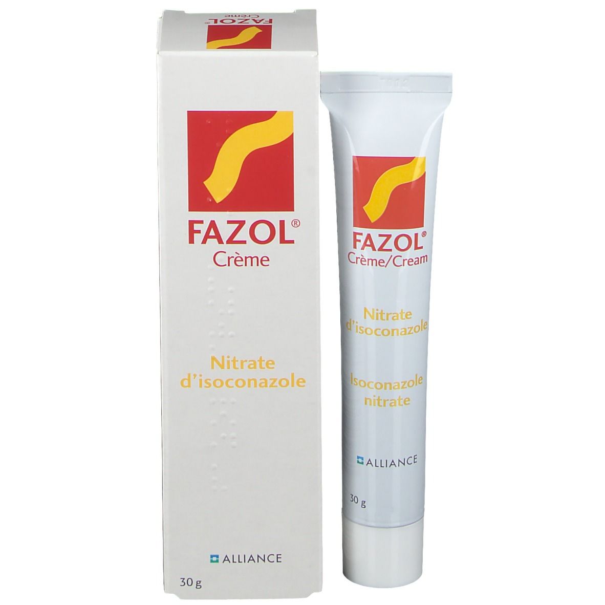 Boîte et tube. Boîte : Fazol Crème, Nitrate d'isoconazole, 30g. Tube : Fazol Crème/Cream, Nitrate d'isoconazole. Marque : Alliance.