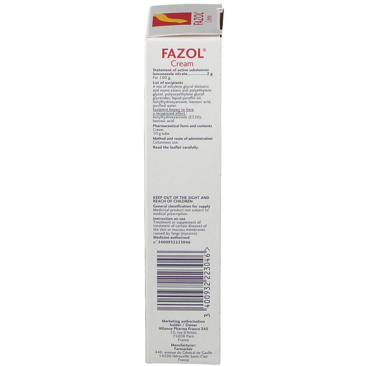 Boîte, dos. Texte : Composition, ingrédients, dosage, fabricant. Marque : Alliance. Avertissements.