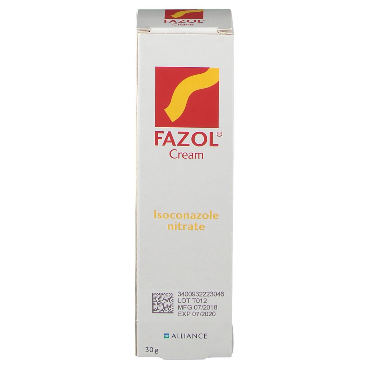 Boîte blanche avec logo rouge et jaune. Texte : Fazol Crème, Nitrate d'isoconazole. Marque : Alliance. 30g.