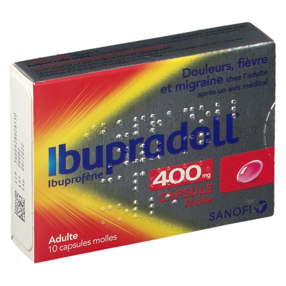 Boîte Ibupradoll 400 mg. Dégradés rouge et jaune. Texte: Ibupradoll, 400 mg, capsule molle. Logo Sanofi.