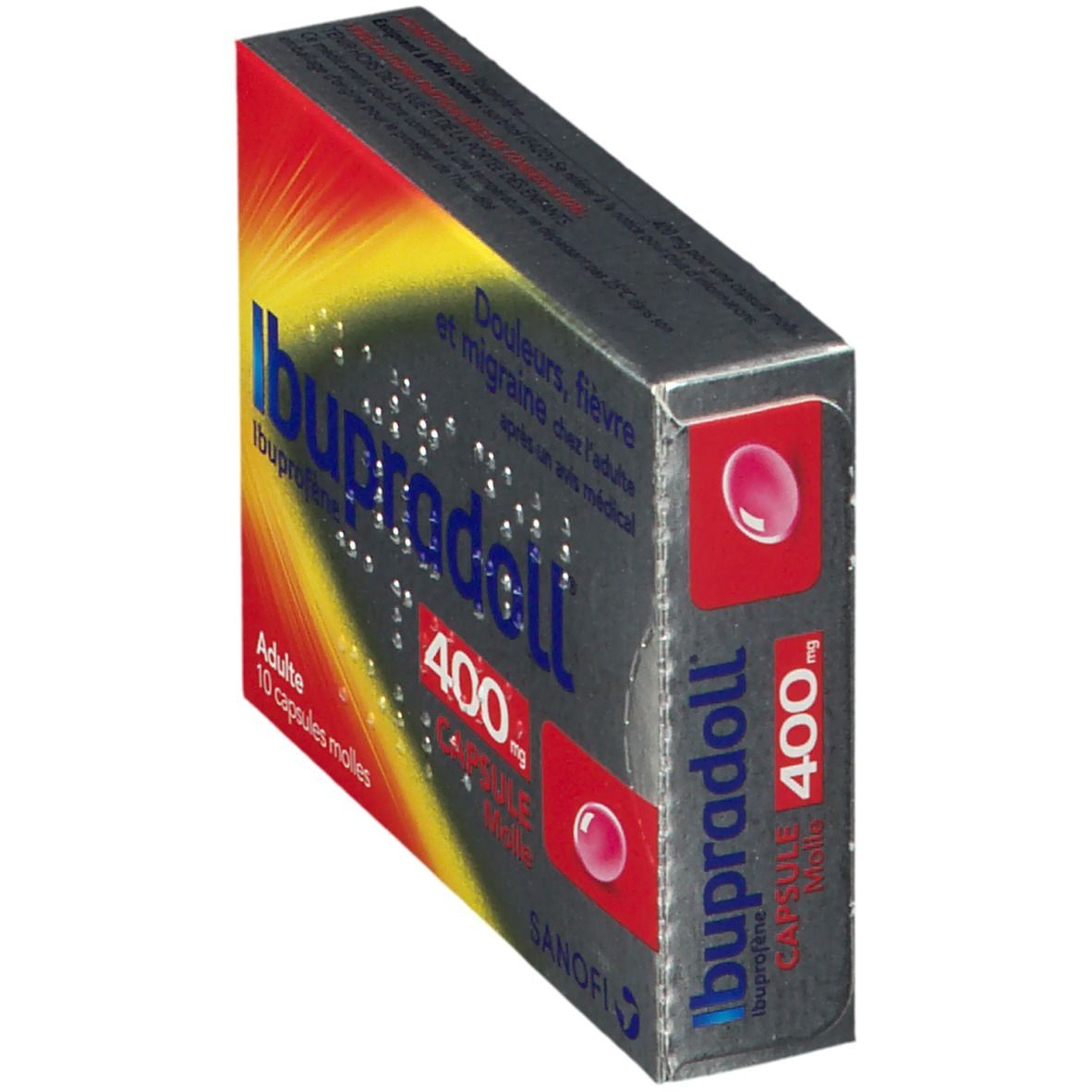 Boîte Ibupradoll 400 mg. Dégradés rouge et jaune. Texte: Ibupradoll, 400 mg, capsule molle. Logo Sanofi.