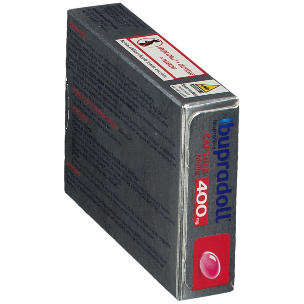 Boîte Ibupradoll 400 mg. Texte: Ibupradoll, 400 mg, capsule molle. Avertissement. Logo Sanofi.