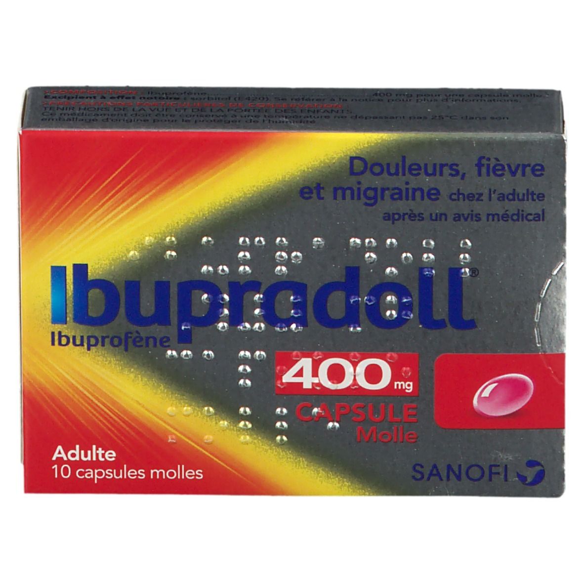 Boîte Ibupradoll 400 mg. Dégradés rouge et jaune. Texte: Ibupradoll, 400 mg, capsule molle. Logo Sanofi.