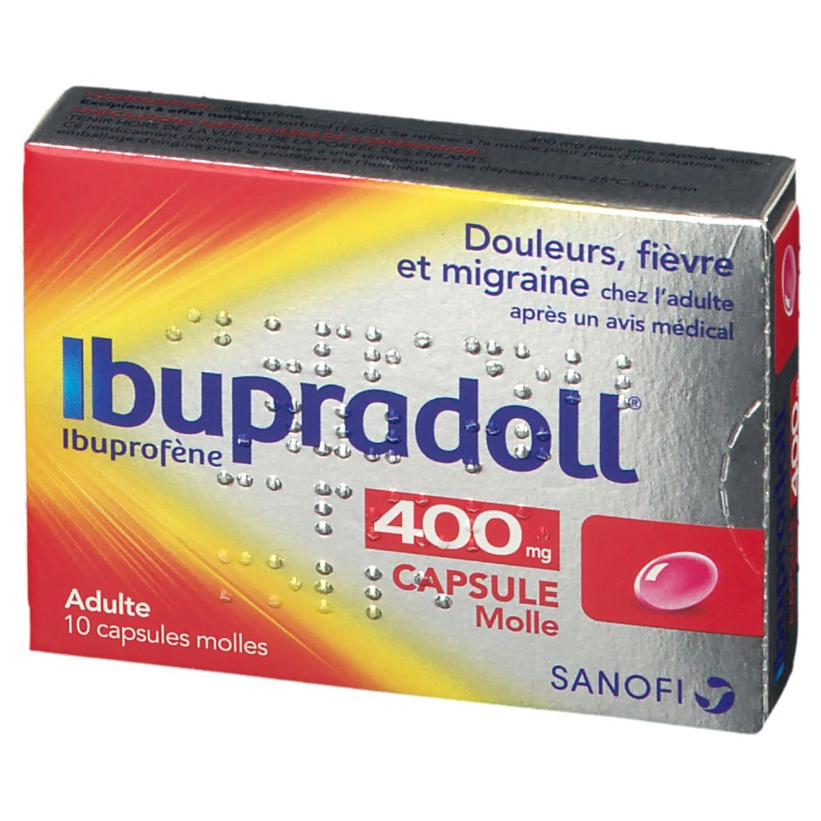 Boîte Ibupradoll 400 mg. Dégradés rouge et jaune. Texte: Ibupradoll, 400 mg, capsule molle. Logo Sanofi.
