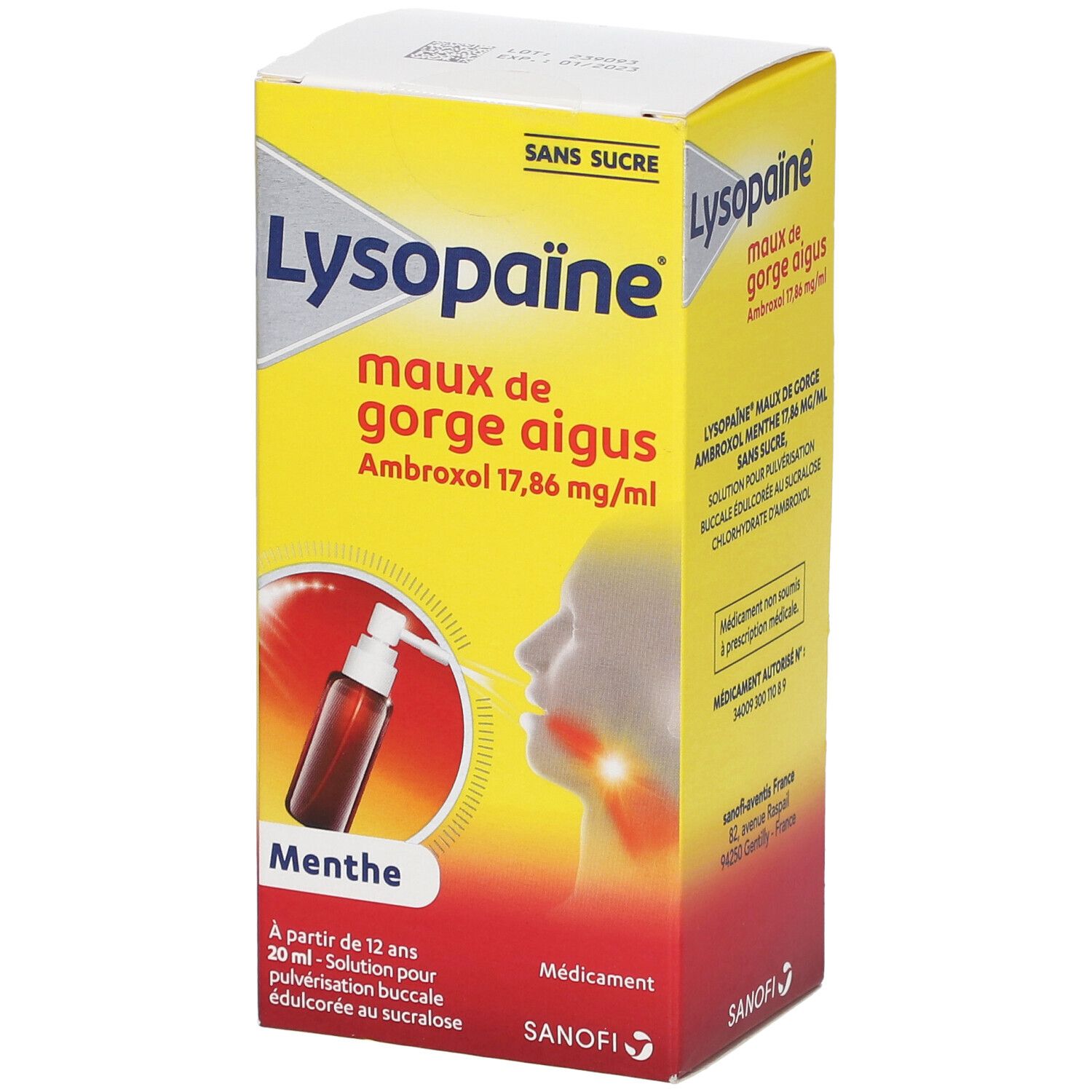Boîte jaune avec nom du produit et illustration. Contient un flacon avec pulvérisateur.