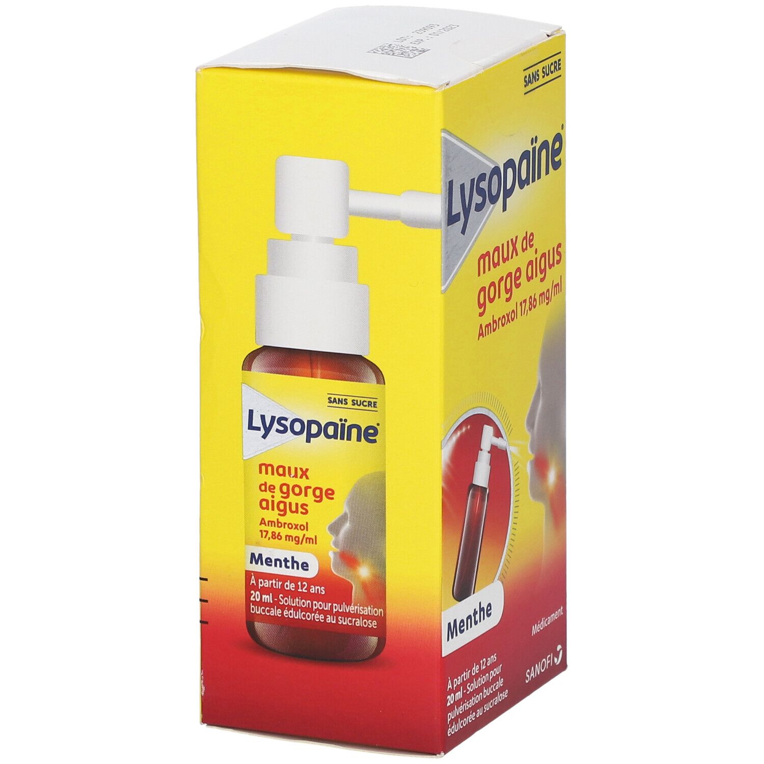 Boîte jaune avec produit et flacon pulvérisateur. Nom et ingrédients visibles.